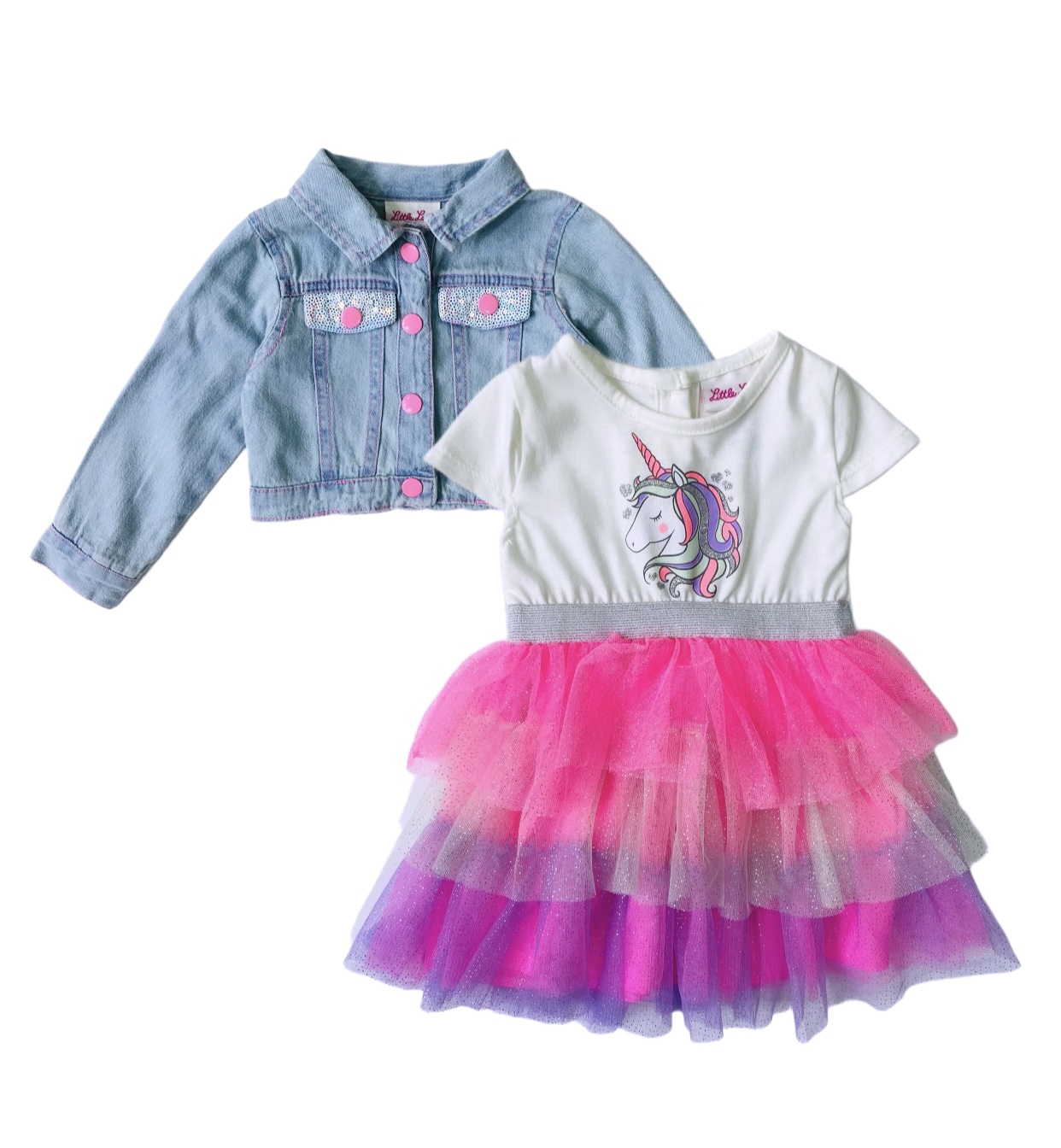 Littletown Little Lass Baby Girl 2 piece unicorn dress and denim jacket set Online Luxury Store for Kids