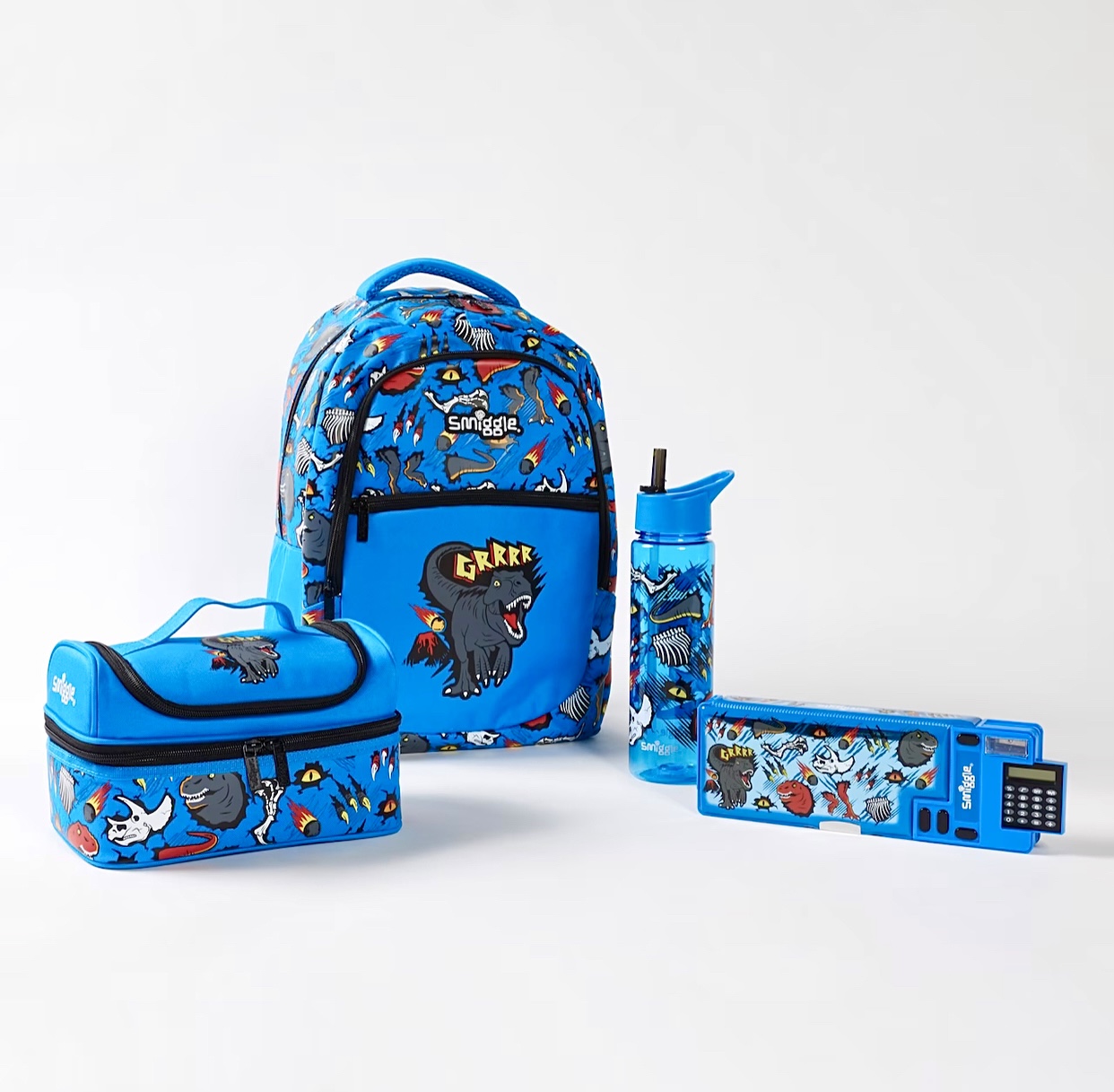 Littletown Smiggle Boys 4 Piece Backpack Pop Out Pencil Case Drink Bottle and Double Decker Lunch Box Mid Blue NO RETURNS OR EXCHANGE ON THIS PRODUCT Online Luxury Store for Kids