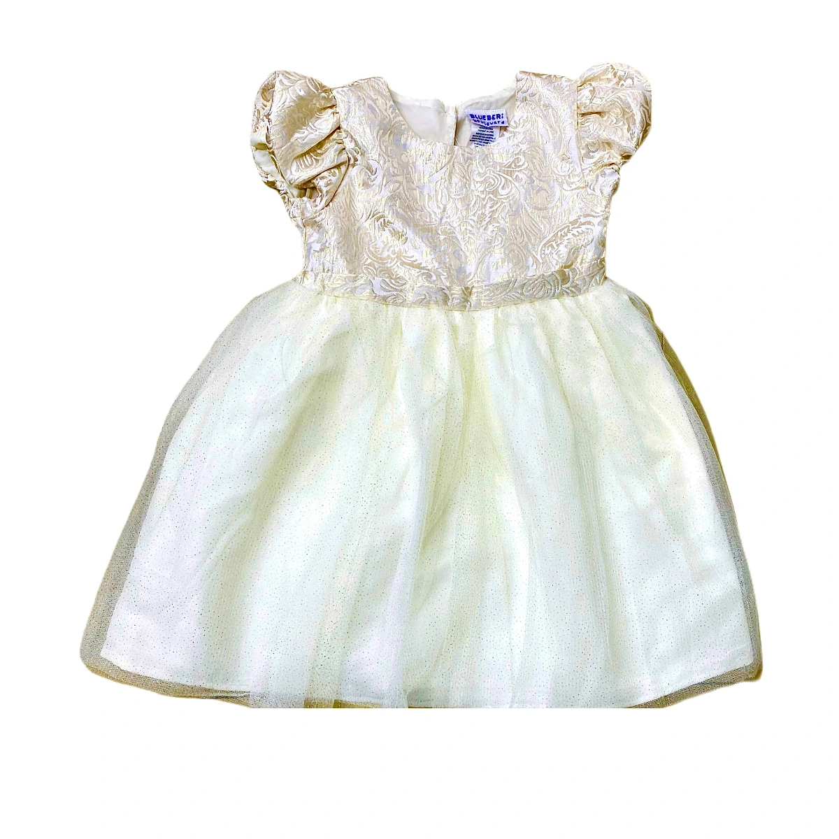 Littletown Blueberi Boulevard Kid Girl Gold Ivory Glitter Bow Detail Luxury Dress Online Luxury Store for Kids