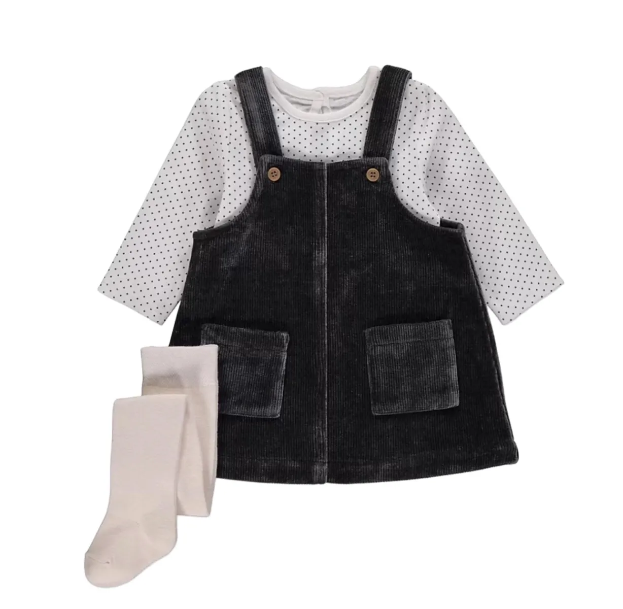 Littletown George Baby Girl Dark Grey Corduroy Pinafore Dress and Spot Bodysuit Outfit - Online Luxury Store for Kids Littletown George Baby Girl Dark Grey Corduroy Pinafore Dress and Spot Bodysuit Outfit - Online Luxury Store for Kids