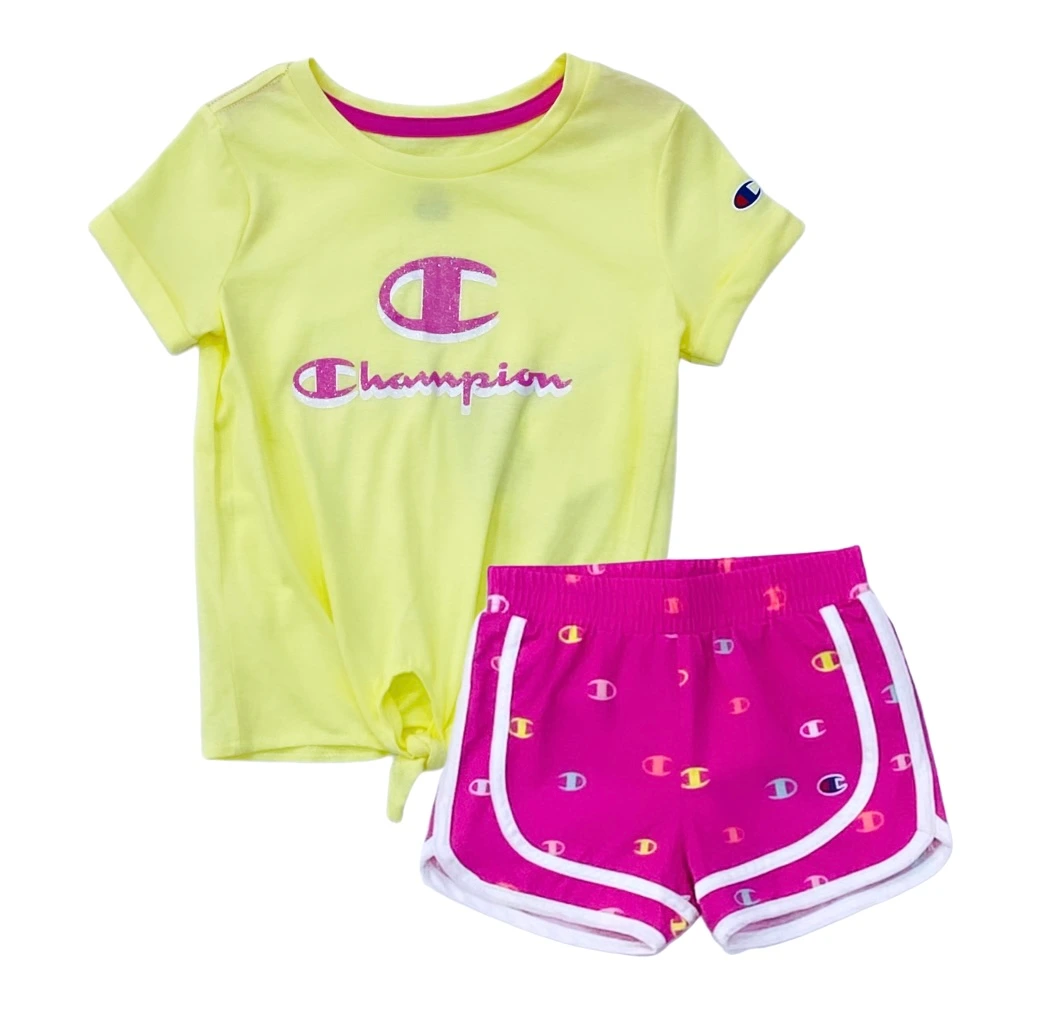 Littletown Champion Toddler Girl Luxe 2 Piece Glitter Detail Tee Multicolored Shorts Set Online Luxury Store for Kids